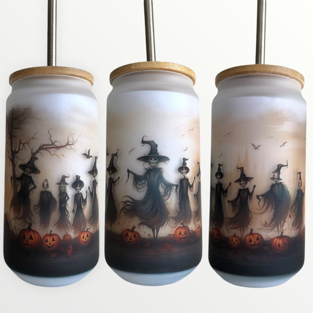 WITCHES 18oz Frosted Glass Tumbler With Bamboo Lid Optional Personalisation