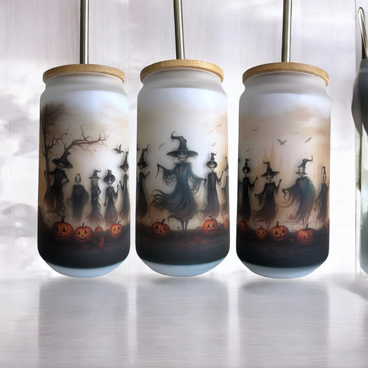 WITCHES 18oz Frosted Glass Tumbler With Bamboo Lid Optional Personalisation