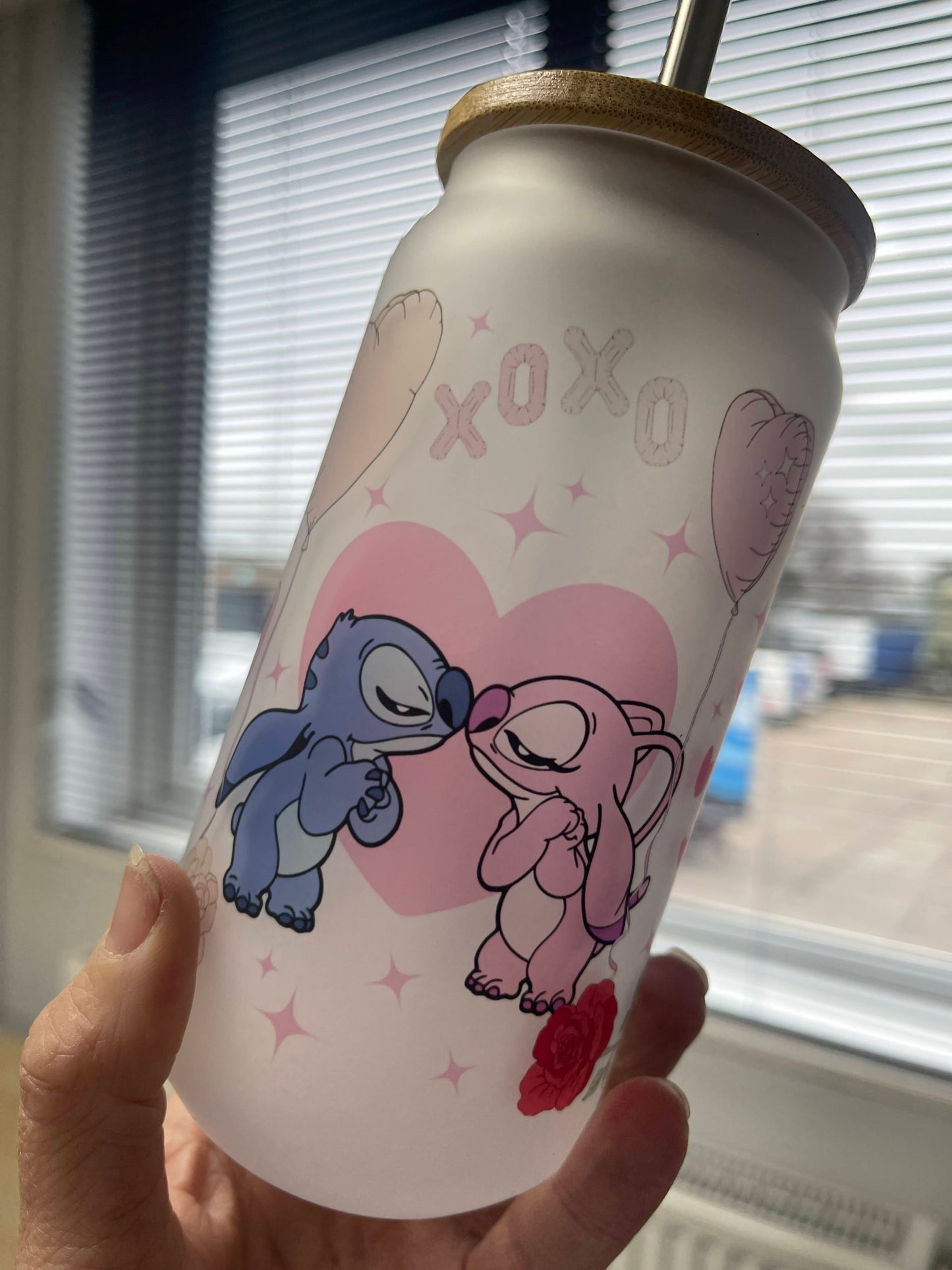 Stitch and Angel Valentine 18oz Frosted Glass Tumbler With Bamboo Lid Optional Personalisation
