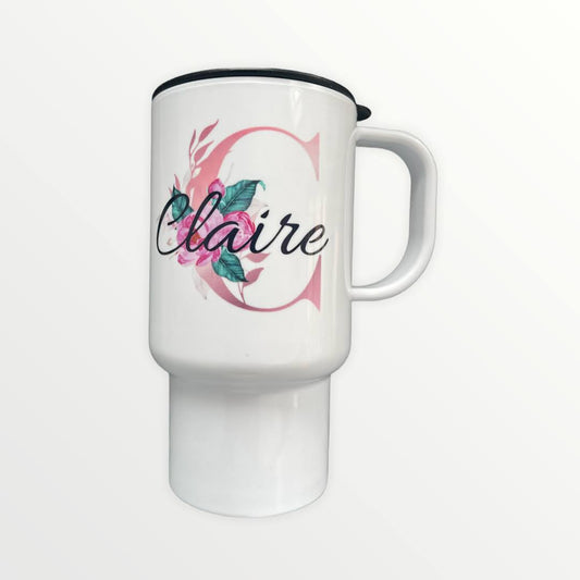 14oz Polymer Travel Mug With Name and Initial Floral Pink