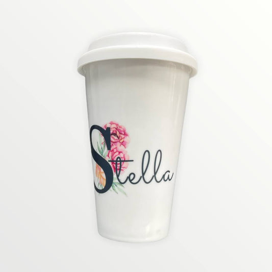 Personalised Ceramic Travel Mug With Silicone Lid Double Wall and Pink Flower