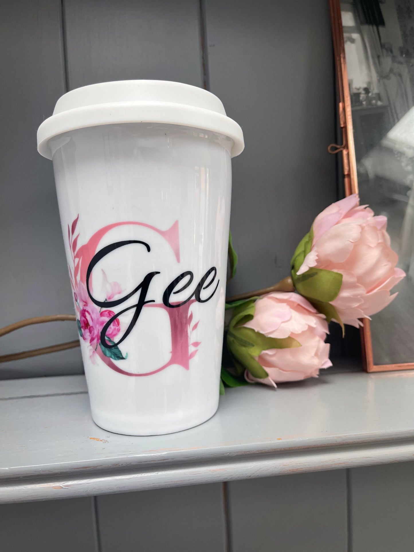 Pink Initial and Name Personalised Ceramic Travel Mug With Silicone Lid Double Wall