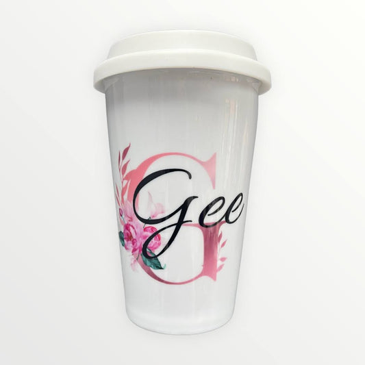 Pink Initial and Name Personalised Ceramic Travel Mug With Silicone Lid Double Wall 